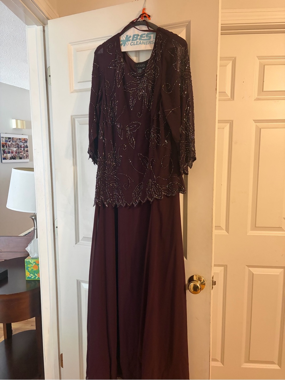 J Kara Beaded Long Sleeve Evening Dress in Plum